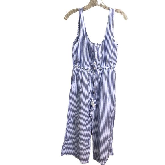 J.Crew Sz XS Sofia Stripe Cobalt Sea Button-front Tie-waist Linen Jumpsuit - Picture 2 of 7